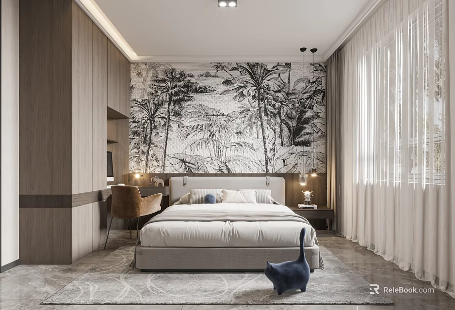 Modern Bedroom Interior Design With Large Tropical Mural Wall Wooden Accents And White Curtains 3d model 
