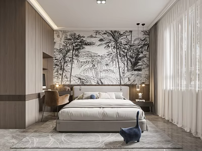 Modern Bedroom Interior Design With Large Tropical Mural Wall Wooden Accents And White Curtains 3d model