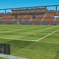Football Stadium With Green Grass Pitch Orange Seats And Modern Grandstands