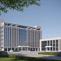 Modern Office Building With Glass Curtain Wall Stone Facade Parking Area Greenery And Pedestrians