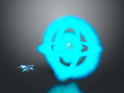 Blue Glowing Fluffy Sphere With Small Flying Object On Dark Background 3d model