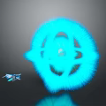 Blue Glowing Fluffy Sphere With Small Flying Object On Dark Background