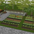 Rural Landscape Featuring Organized Vegetable Garden Various Crops Trees Pergola And Stone Paved Ground