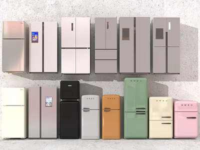 Various Colors Different Styles Refrigerators and Freezers Displayed on Gray Background 3d model