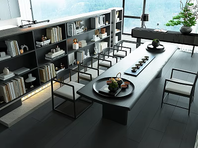 Modern Study Room With Long Table Chairs Bookshelves And Large Windows 3d model