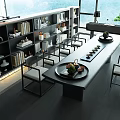 Modern Study Room With Long Table Chairs Bookshelves And Large Windows