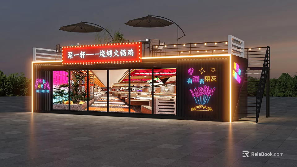 Modern Container Building Restaurant With Glass Facade Neon Signs And Bright Signage 3d model 