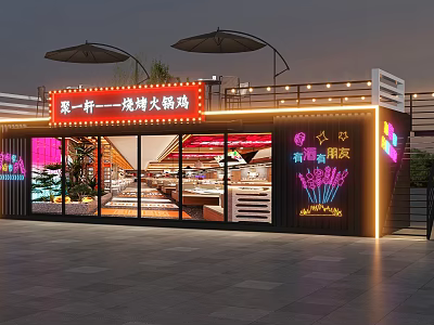 Modern Container Building Restaurant With Glass Facade Neon Signs And Bright Signage 3d model