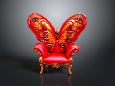 Red Butterfly Shaped Chair With Ornate Carved Wings And Wooden Legs Luxurious Unique Furniture Design 3d model