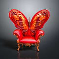Red Butterfly Shaped Chair With Ornate Carved Wings And Wooden Legs Luxurious Unique Furniture Design