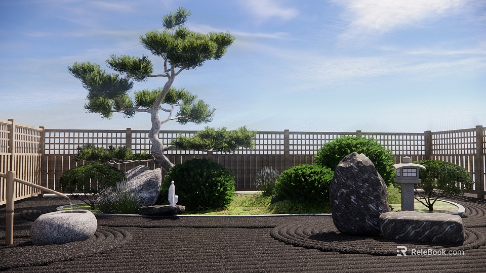 Karesansui Zen Garden Design with Raked Gravel Stones Pine Tree and Wooden Fence 3d model 
