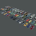 Various Types of Cars and Buses Arranged in Rows with Different Models