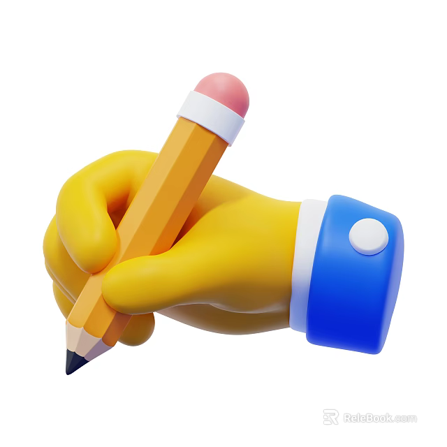Yellow Human Hand Holding Pencil With Blue Cuff White Trim And Button 3d model 
