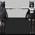 Anime Woman with Cat Ears Tail White Shirt Gray Skirt Black Stockings Front Back Views