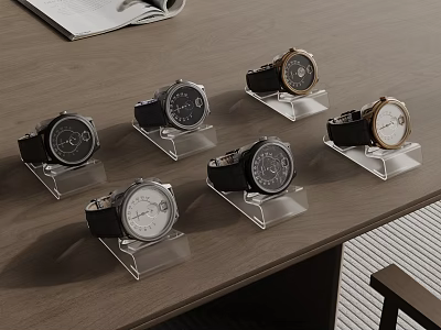 Several Stylish Wristwatches Displayed On Wooden Desk With Clear Stands 3d model