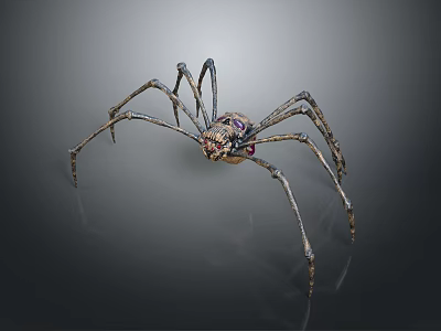 Detailed Metallic Spider Sculpture With Long Thin Legs And Purple Eyes 3d model
