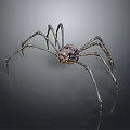 Detailed Metallic Spider Sculpture With Long Thin Legs And Purple Eyes