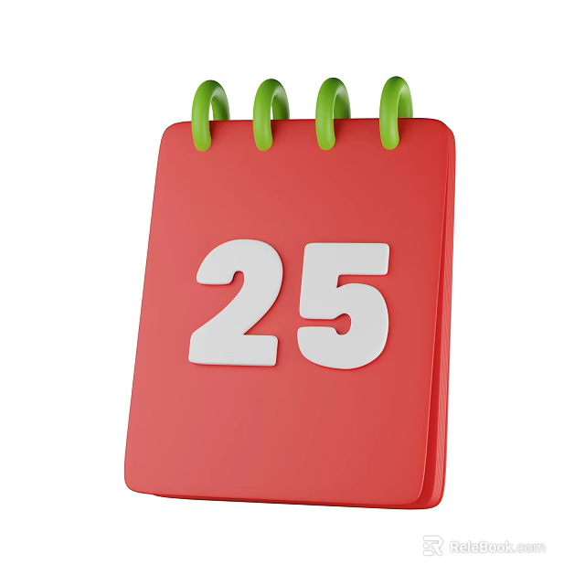 Practical Red Daily Calendar With Green Spiral Binding And Number 25 3d model 