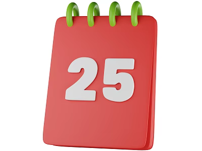 Practical Red Daily Calendar With Green Spiral Binding And Number 25 3d model