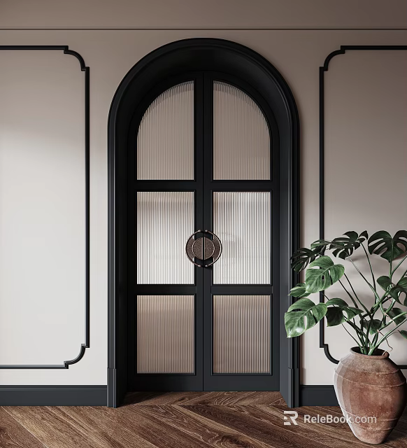 Black Arched Double Doors With Pleated Glass And Round Handle In Interior With Green Plant 3d model 