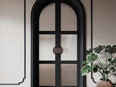 Black Arched Double Doors With Pleated Glass And Round Handle In Interior With Green Plant 3d model