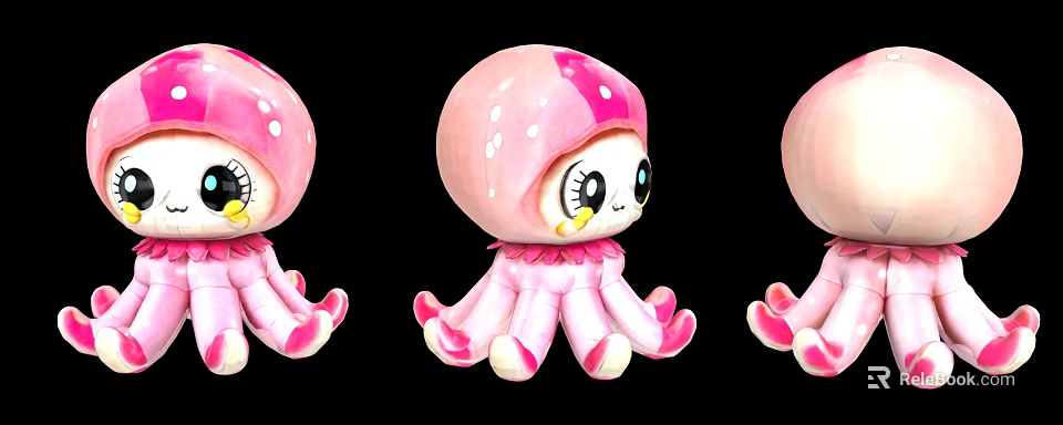 Cute Pink Octopus Plush Doll With Big Eyes Blush And White Spotted Tentacles 3d model 