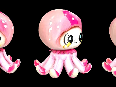 Cute Pink Octopus Plush Doll With Big Eyes Blush And White Spotted Tentacles 3d model