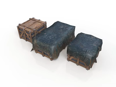Open Wooden Crate With Slats And Two Covered Crates In Dark Cloth 3d model