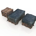 Open Wooden Crate With Slats And Two Covered Crates In Dark Cloth