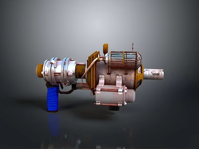 Sci Fi Mechanical Weapon with Blue Grip Yellow Accents and Metallic Finish 3d model
