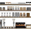 Wooden Display Shelves with Coffee Grinders Metal Jars and Paper Packages