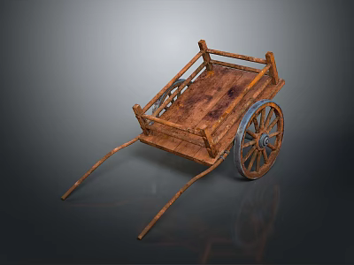 Vintage Wooden Cart With Rustic Frame Metal Spoke Wheels And Weathered Surface 3d model