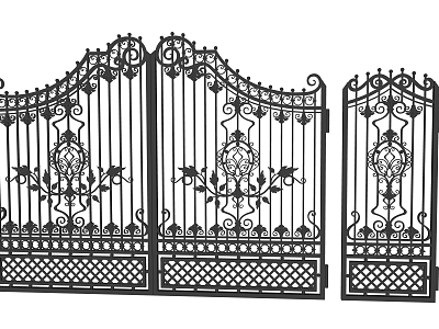 Decorative Wrought Iron Entrance Gate With Intricate Floral Patterns Double Panel And Side Gate 3d model