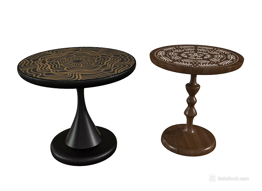 Round Top Side Tables With Decorative Patterns And Black Brown Bases 3d model 