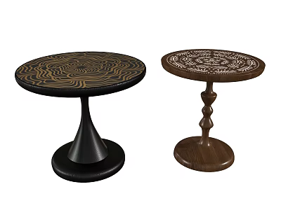Round Top Side Tables With Decorative Patterns And Black Brown Bases 3d model
