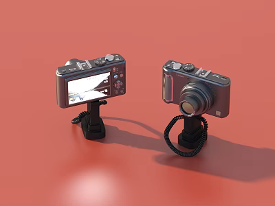 Portable Digital Cameras With Display Screens On Stands Against Red Background 3d model