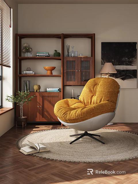 Yellow Fuzzy Lounge Chair In Cozy Living Room With Wooden Shelves And Decorative Items 3d model 