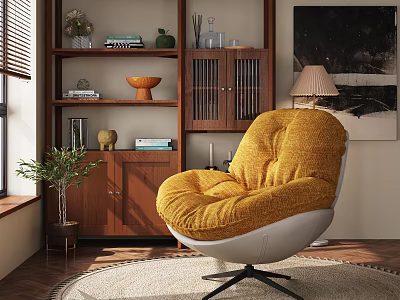 Yellow Fuzzy Lounge Chair In Cozy Living Room With Wooden Shelves And Decorative Items 3d model