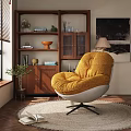 Yellow Fuzzy Lounge Chair In Cozy Living Room With Wooden Shelves And Decorative Items