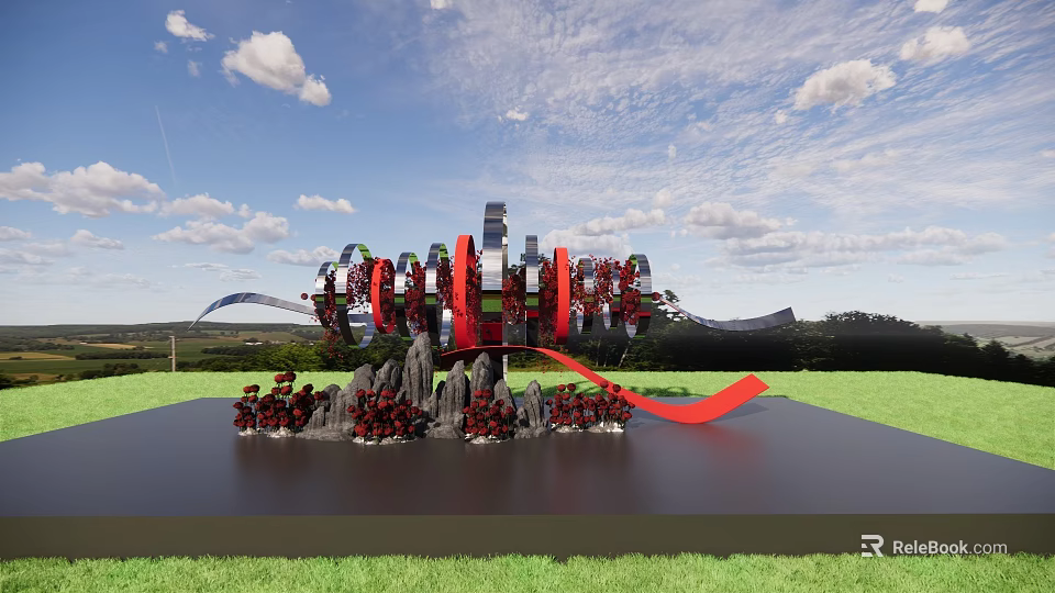 Floral Art Installation With Red Black Sculptural Floral Design Dynamic Ribbon On Green Lawn 3d model 