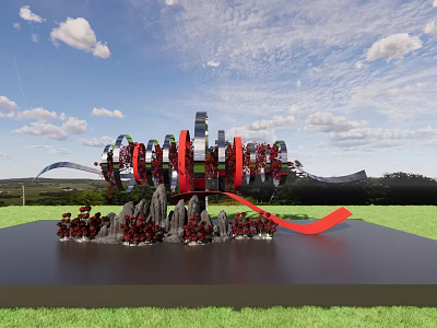 Floral Art Installation With Red Black Sculptural Floral Design Dynamic Ribbon On Green Lawn 3d model