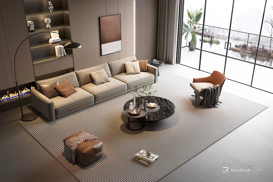 Modern Living Room Beige Sofa And Coffee Table Set With Pillows Floor Lamp And Plant 3d model 