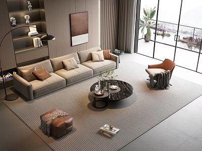 Modern Living Room Beige Sofa And Coffee Table Set With Pillows Floor Lamp And Plant 3d model
