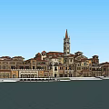Traditional Commercial Street With Red Roofs Clock Tower And Central Plaza
