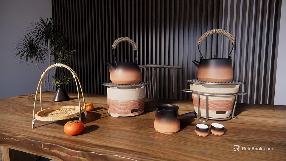 Natural Style Teapots With Bamboo Handles On Wooden Table With Persimmons And Green Plant 3d model 