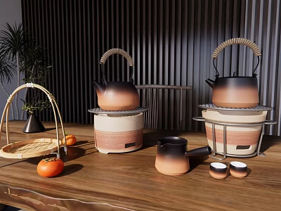 Natural Style Teapots With Bamboo Handles On Wooden Table With Persimmons And Green Plant 3d model