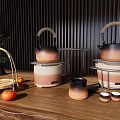 Natural Style Teapots With Bamboo Handles On Wooden Table With Persimmons And Green Plant