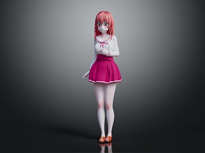 Game Movie Character With Long Pink Hair White Blouse And Pink Skirt Standing Pose 3d model