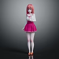 Game Movie Character With Long Pink Hair White Blouse And Pink Skirt Standing Pose