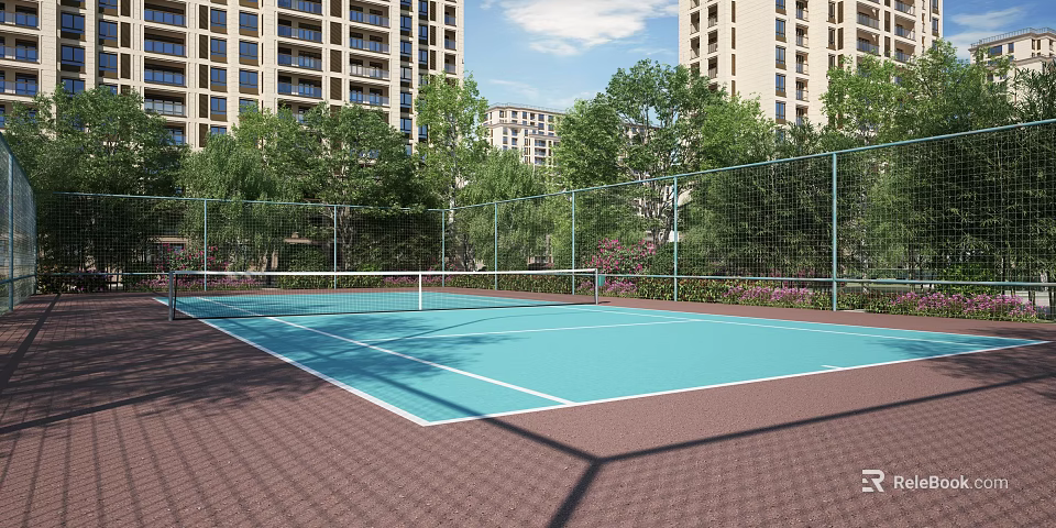 Outdoor Tennis Court Surrounded By Trees And Buildings 3d model